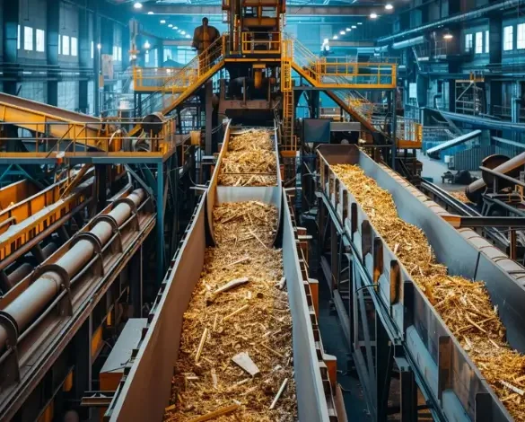 Chaîne de tri industrielle de déchets de bois dans une usine moderne de recyclage, montrant la transformation des résidus en matériaux réutilisables comme des panneaux ou des pellets.