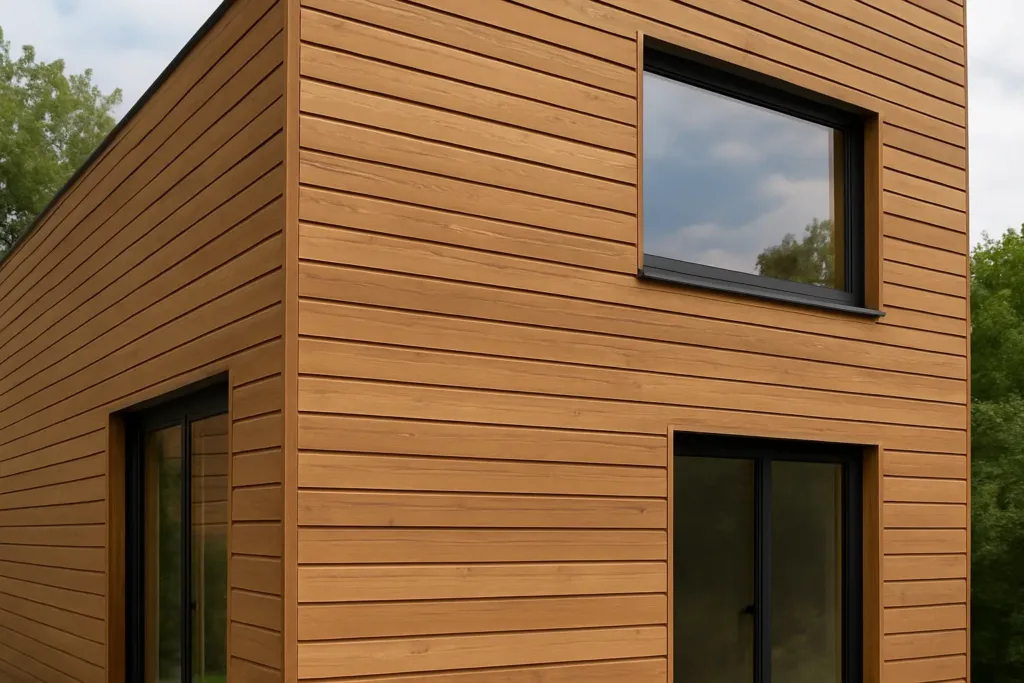 Façade de maison moderne avec bardage bois extérieur vertical en bois douglas