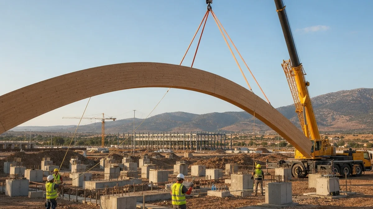 Manœuvre de levage par grue mobile d'un arc cintré de 40 mètres en bois lamellé-collé sur chantier