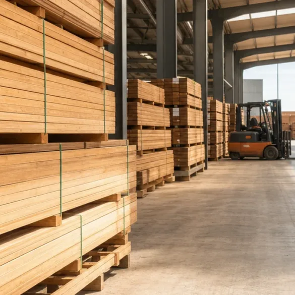 piles ordonnées de madriers de bois résineux séchés et étiquetés avec soin dans le secteur Négoce & Distribution de Bois au Maroc