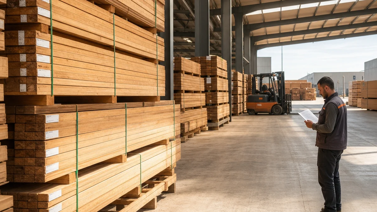 Parc de négoce et de stockage de sciages résineux au Maroc avec madriers ordonnés sous hangar couvert