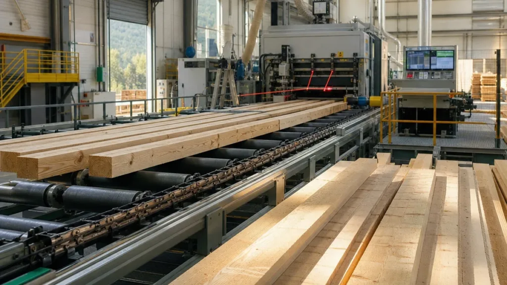 automated sawmill production line processing softwood timber logs into accurate dimensional lumber with precision optical laser guides dans le secteur Première transformation du bois au Maroc & Europe