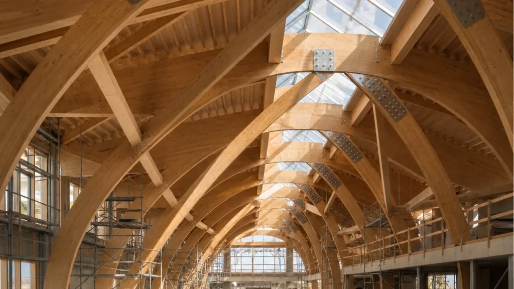 imposantes poutres cintrées en bois lamellé-collé clair formant la nef d'un édifice dans le secteur Construction & Architecture Bois au Maroc & International